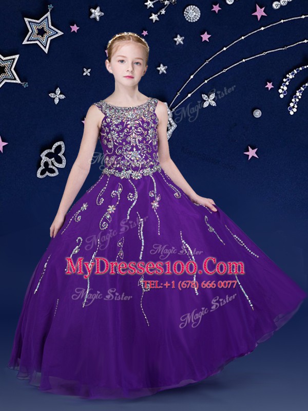 Scoop Sleeveless Floor Length Beading Lace Up Little Girls Pageant Dress Wholesale with Purple
