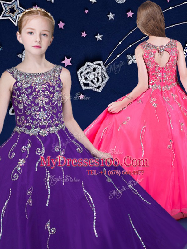 Scoop Sleeveless Floor Length Beading Lace Up Little Girls Pageant Dress Wholesale with Purple
