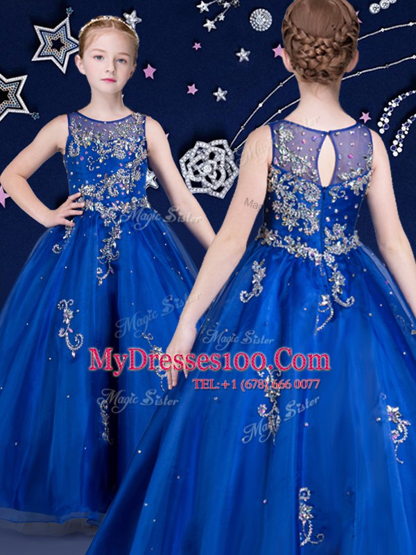 Royal Blue Ball Gowns Scoop Sleeveless Organza Floor Length Zipper Beading and Appliques Child Pageant Dress
