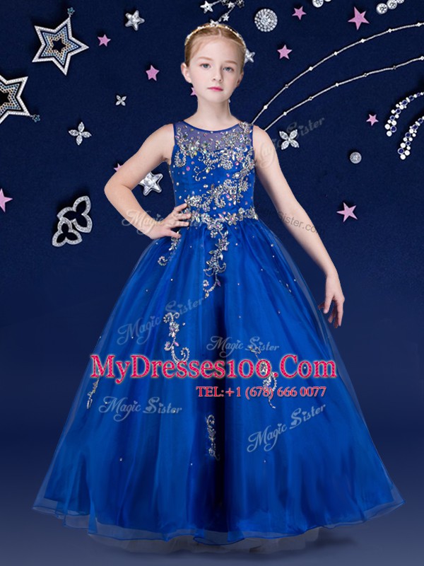 Royal Blue Ball Gowns Scoop Sleeveless Organza Floor Length Zipper Beading and Appliques Child Pageant Dress