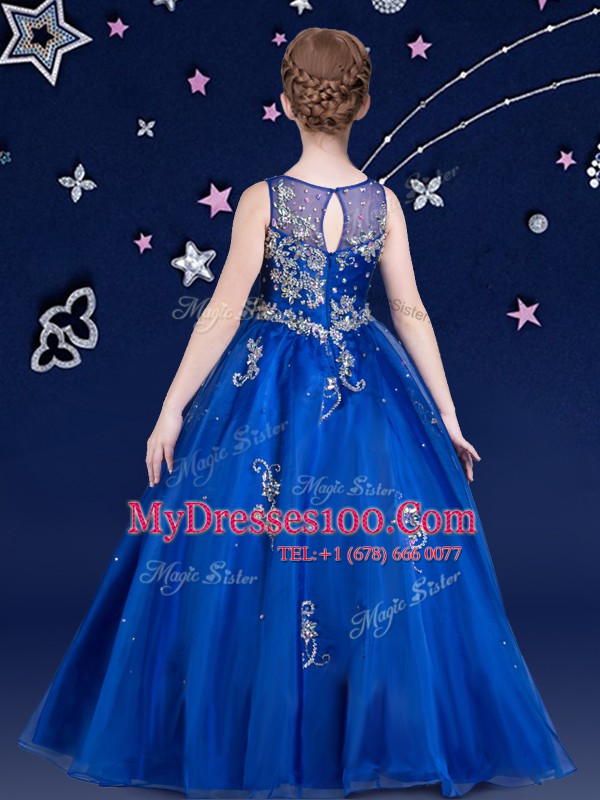 Royal Blue Ball Gowns Scoop Sleeveless Organza Floor Length Zipper Beading and Appliques Child Pageant Dress