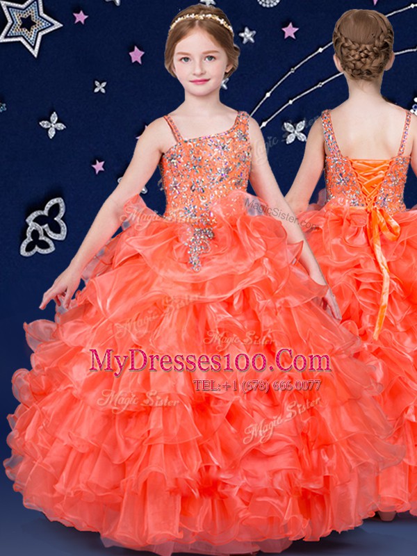 Designer Ruffled Ball Gowns Little Girl Pageant Dress Orange Asymmetric Organza Sleeveless Floor Length Lace Up