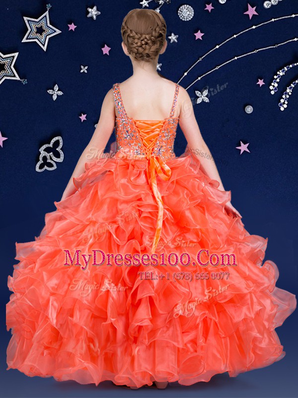 Designer Ruffled Ball Gowns Little Girl Pageant Dress Orange Asymmetric Organza Sleeveless Floor Length Lace Up