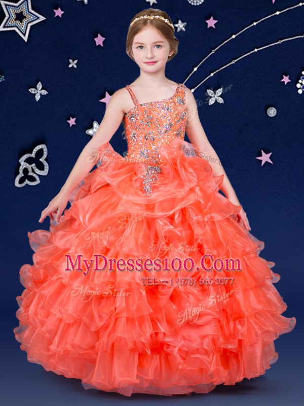 Designer Ruffled Ball Gowns Little Girl Pageant Dress Orange Asymmetric Organza Sleeveless Floor Length Lace Up