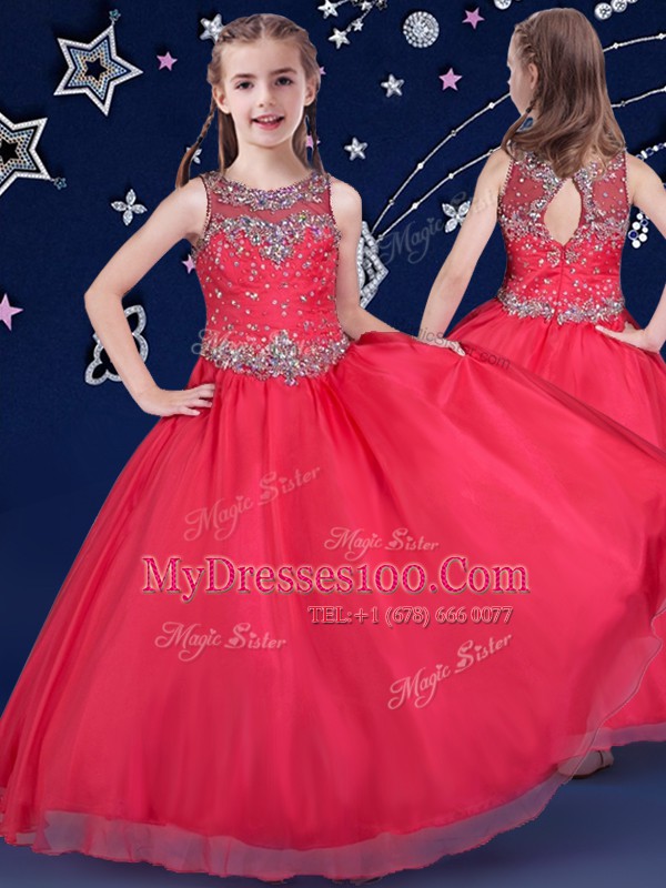 Scoop Red Sleeveless Beading Floor Length Pageant Gowns For Girls
