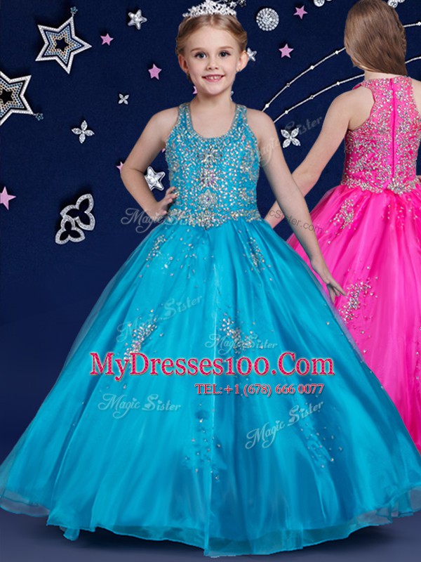Blue Ball Gowns Scoop Sleeveless Organza Floor Length Zipper Beading Child Pageant Dress