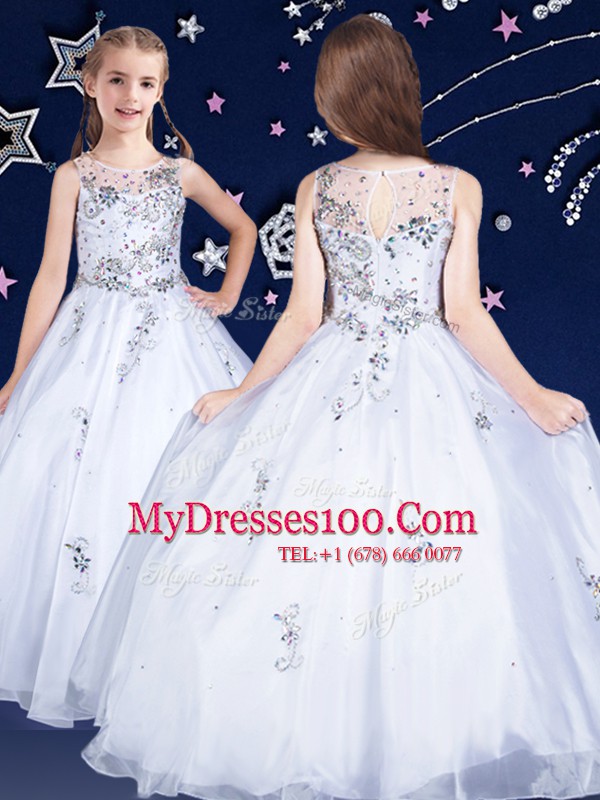 Exquisite Scoop White Ball Gowns Beading Little Girls Pageant Dress Wholesale Zipper Organza Sleeveless Floor Length