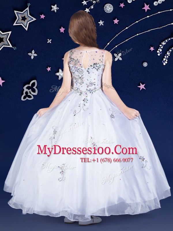 Exquisite Scoop White Ball Gowns Beading Little Girls Pageant Dress Wholesale Zipper Organza Sleeveless Floor Length
