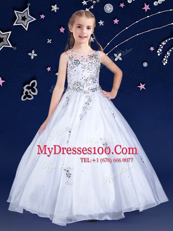 Exquisite Scoop White Ball Gowns Beading Little Girls Pageant Dress Wholesale Zipper Organza Sleeveless Floor Length
