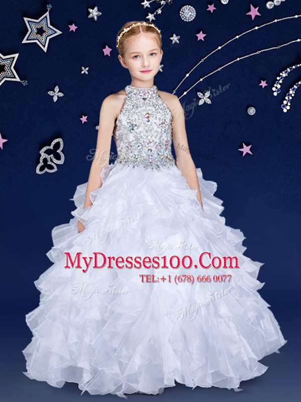 Extravagant Halter Top White Sleeveless Beading and Ruffles Floor Length Little Girls Pageant Dress Wholesale