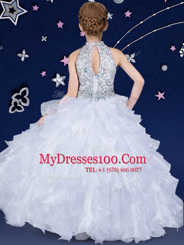Extravagant Halter Top White Sleeveless Beading and Ruffles Floor Length Little Girls Pageant Dress Wholesale