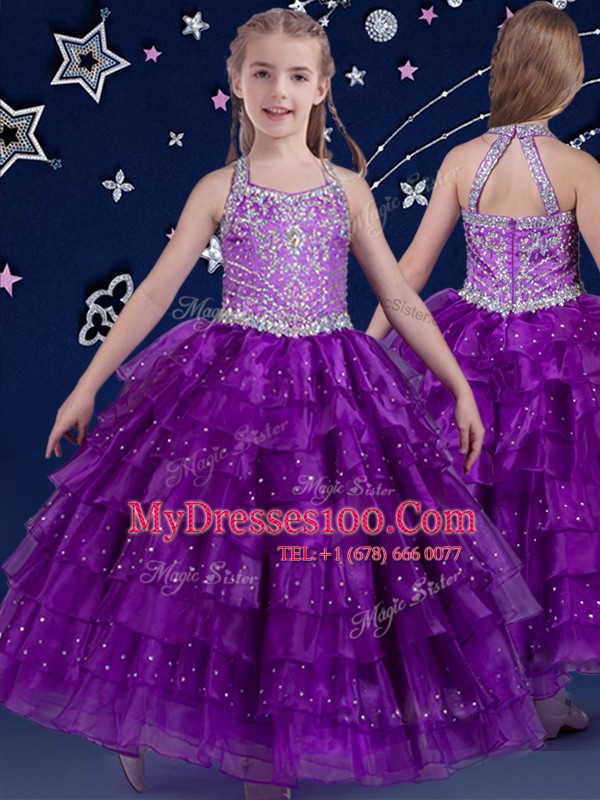 Glamorous Halter Top Eggplant Purple Organza Zipper Kids Formal Wear Sleeveless Floor Length Beading and Ruffled Layers