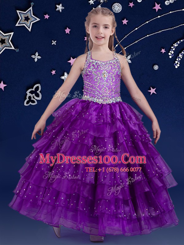 Glamorous Halter Top Eggplant Purple Organza Zipper Kids Formal Wear Sleeveless Floor Length Beading and Ruffled Layers