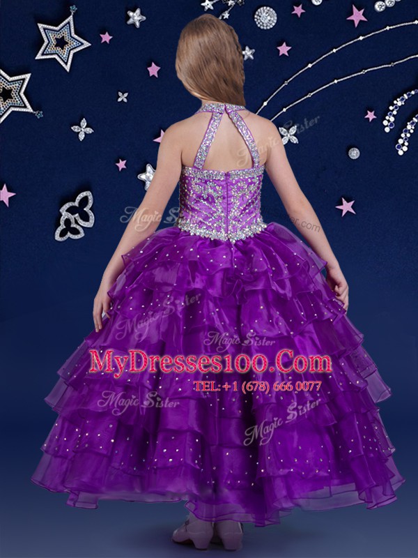 Glamorous Halter Top Eggplant Purple Organza Zipper Kids Formal Wear Sleeveless Floor Length Beading and Ruffled Layers