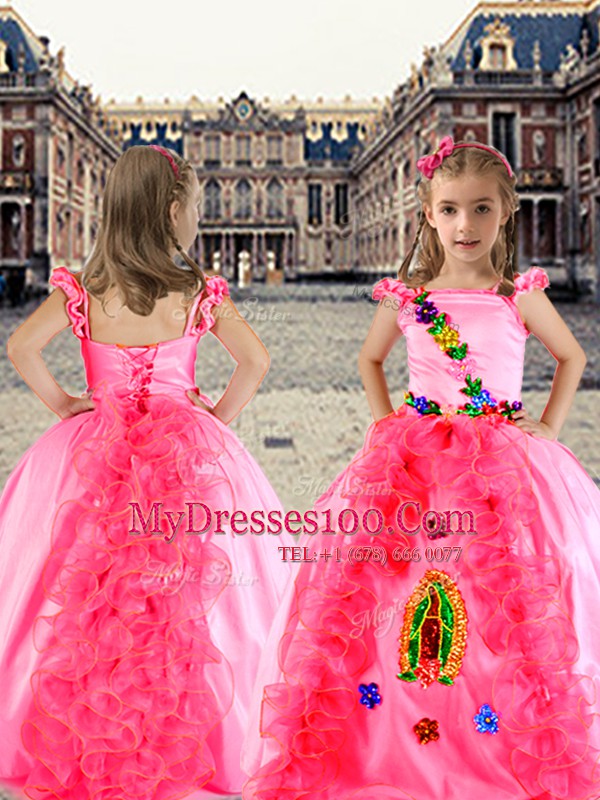 Spectacular Rose Pink Little Girl Pageant Dress Quinceanera and Wedding Party and For with Beading and Appliques and Ruffles Spaghetti Straps Cap Sleeves Lace Up