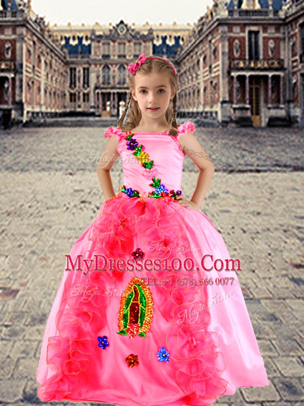 Spectacular Rose Pink Little Girl Pageant Dress Quinceanera and Wedding Party and For with Beading and Appliques and Ruffles Spaghetti Straps Cap Sleeves Lace Up