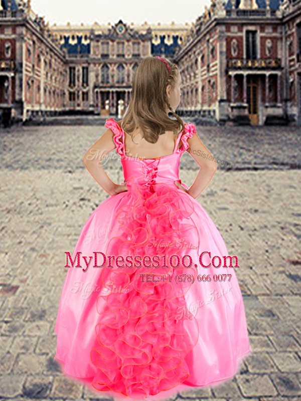 Spectacular Rose Pink Little Girl Pageant Dress Quinceanera and Wedding Party and For with Beading and Appliques and Ruffles Spaghetti Straps Cap Sleeves Lace Up