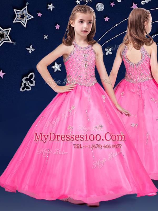 Halter Top Sleeveless Organza Floor Length Zipper Child Pageant Dress in Hot Pink with Beading