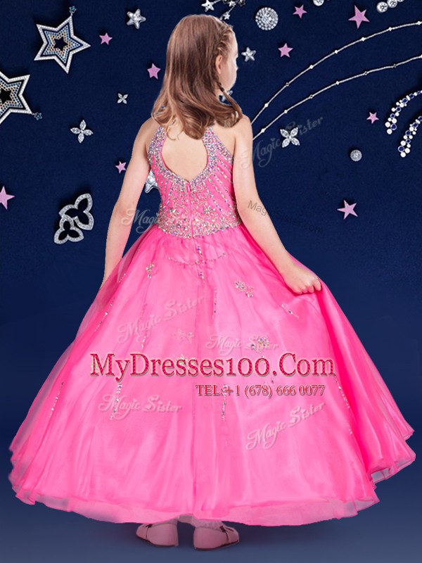 Halter Top Sleeveless Organza Floor Length Zipper Child Pageant Dress in Hot Pink with Beading