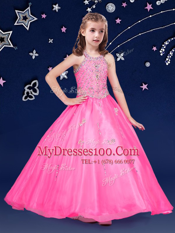 Halter Top Sleeveless Organza Floor Length Zipper Child Pageant Dress in Hot Pink with Beading