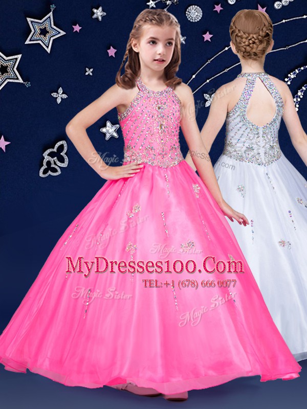 Halter Top Sleeveless Organza Floor Length Zipper Child Pageant Dress in Hot Pink with Beading