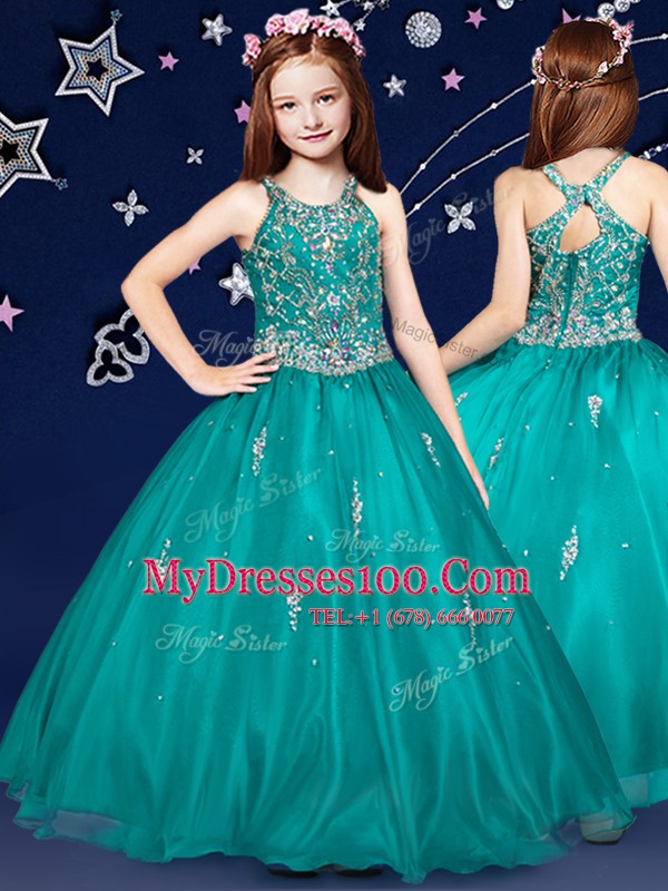 Flirting Teal Kids Pageant Dress Quinceanera and Wedding Party and For with Beading Scoop Sleeveless Zipper