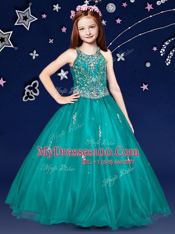 Flirting Teal Kids Pageant Dress Quinceanera and Wedding Party and For with Beading Scoop Sleeveless Zipper