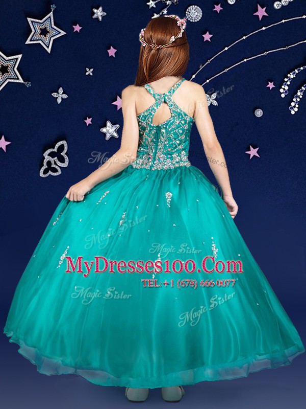 Flirting Teal Kids Pageant Dress Quinceanera and Wedding Party and For with Beading Scoop Sleeveless Zipper