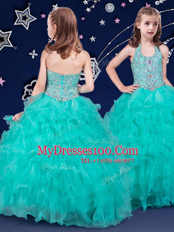 Turquoise Organza Zipper Halter Top Sleeveless Floor Length Toddler Flower Girl Dress Beading and Ruffles