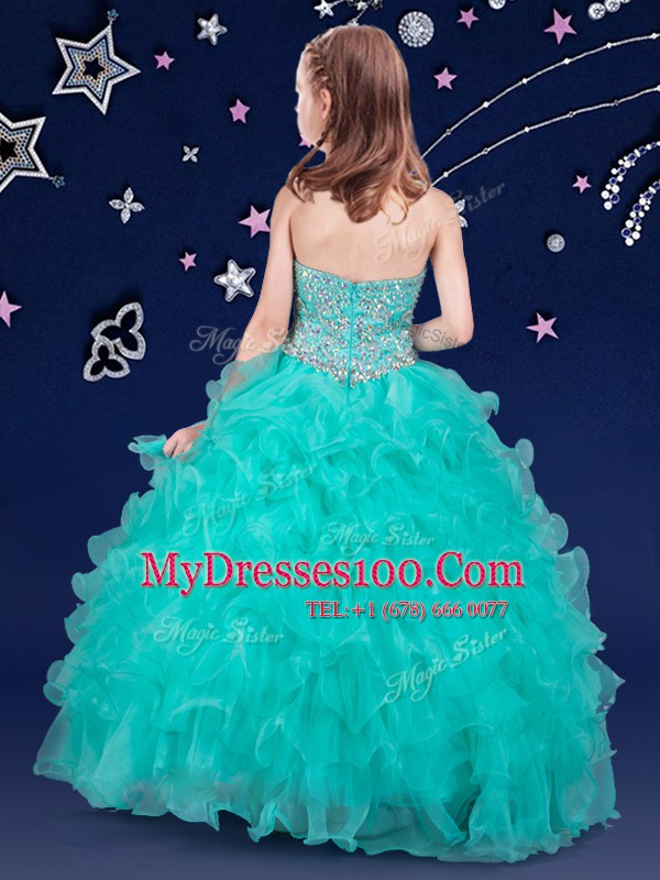 Turquoise Organza Zipper Halter Top Sleeveless Floor Length Toddler Flower Girl Dress Beading and Ruffles