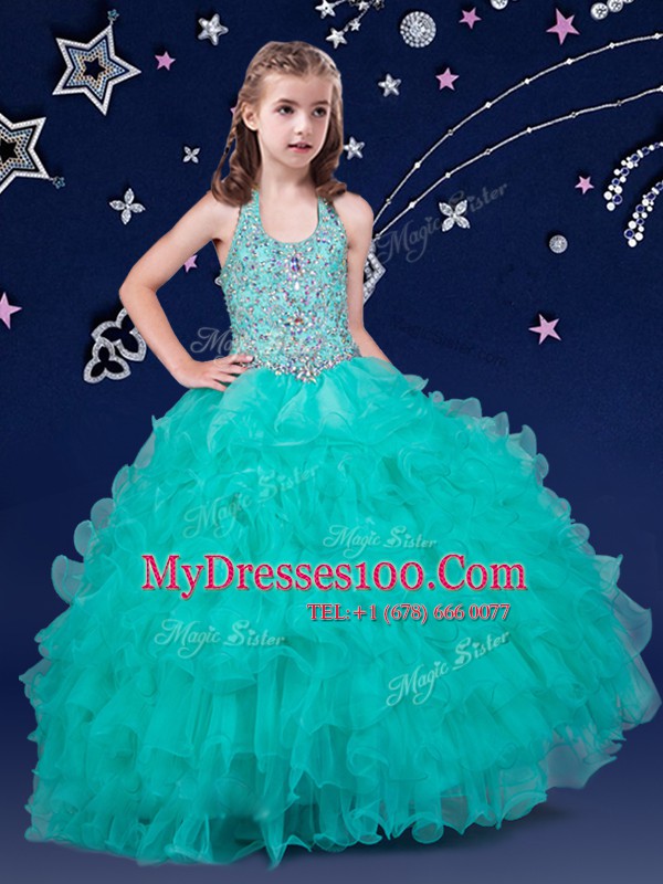 Turquoise Organza Zipper Halter Top Sleeveless Floor Length Toddler Flower Girl Dress Beading and Ruffles