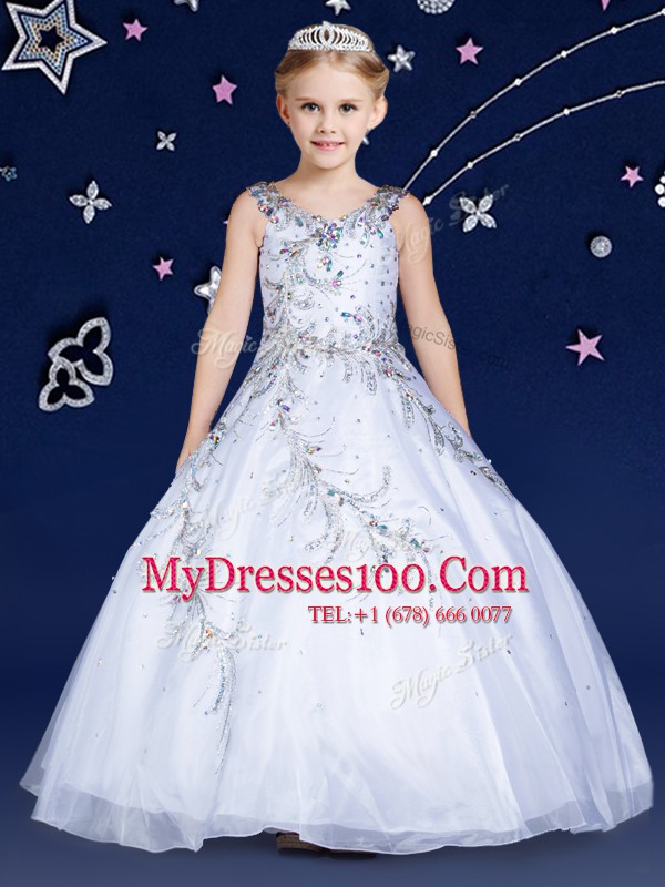 Sexy Scoop Floor Length White Little Girls Pageant Dress Organza Sleeveless Beading
