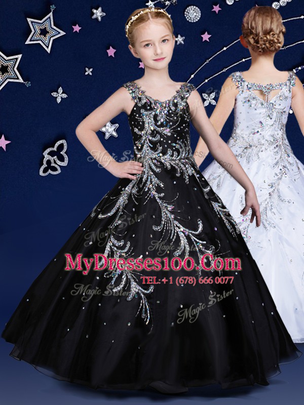 Floor Length Black Little Girls Pageant Dress Wholesale Scoop Sleeveless Zipper