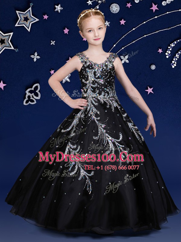 Floor Length Black Little Girls Pageant Dress Wholesale Scoop Sleeveless Zipper