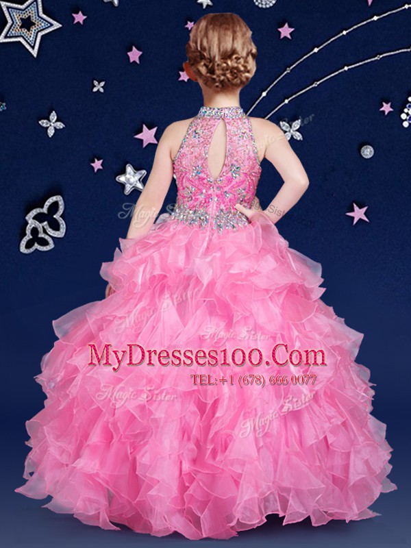 Halter Top Sleeveless Zipper Flower Girl Dresses Rose Pink Organza