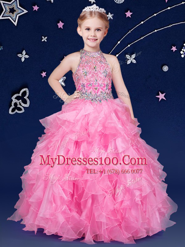 Halter Top Sleeveless Zipper Flower Girl Dresses Rose Pink Organza