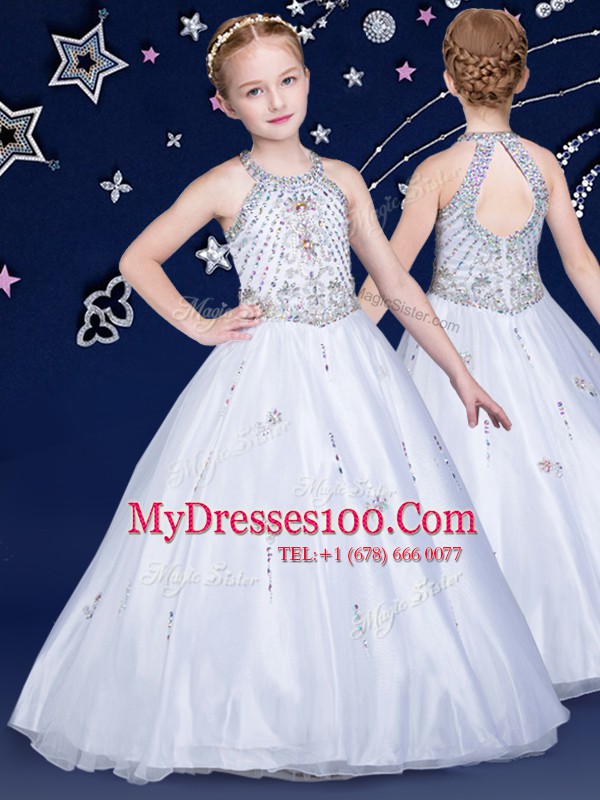 Classical Ball Gowns Flower Girl Dresses for Less White Halter Top Organza Sleeveless Floor Length Zipper