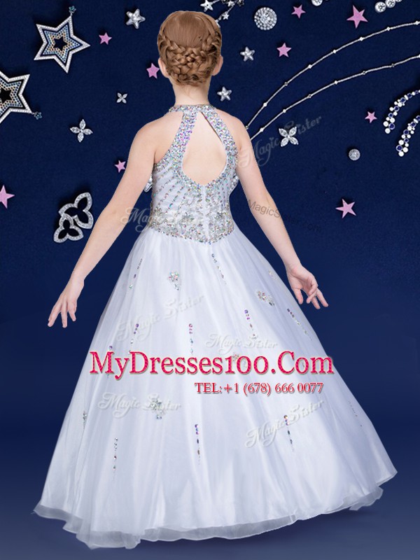 Classical Ball Gowns Flower Girl Dresses for Less White Halter Top Organza Sleeveless Floor Length Zipper