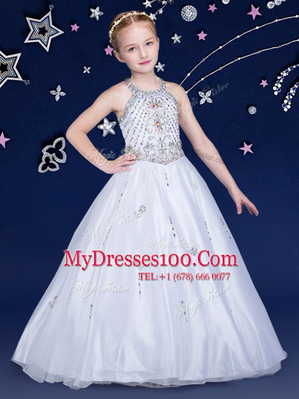 Classical Ball Gowns Flower Girl Dresses for Less White Halter Top Organza Sleeveless Floor Length Zipper