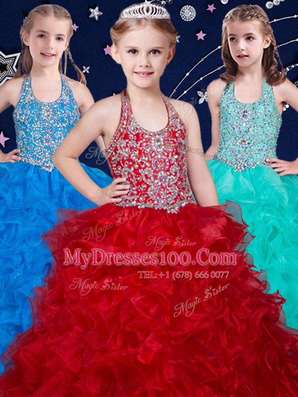 Cheap Halter Top Wine Red and Baby Blue and Turquoise Sleeveless Organza Zipper Little Girls Pageant Gowns for Quinceanera and Wedding Party