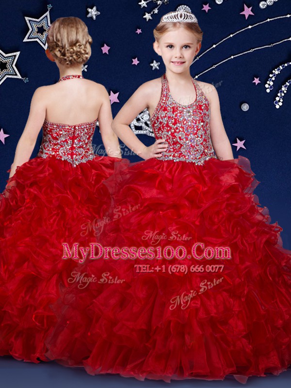 Cheap Halter Top Wine Red and Baby Blue and Turquoise Sleeveless Organza Zipper Little Girls Pageant Gowns for Quinceanera and Wedding Party