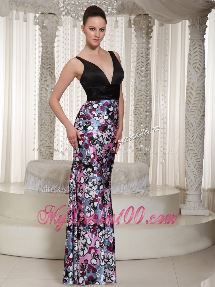 Fashion Multi-color V-neck Printing Celebrity Dresses With Floor-length