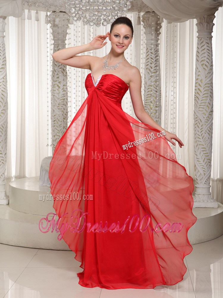 Simple Red V-neck Celebrity Dresses With Ruching for Party in 2013