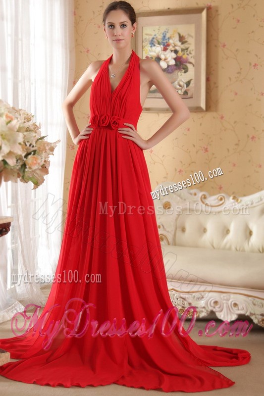 Red Column Halter Hand Made Flowers and Ruched Celebrity Dresses