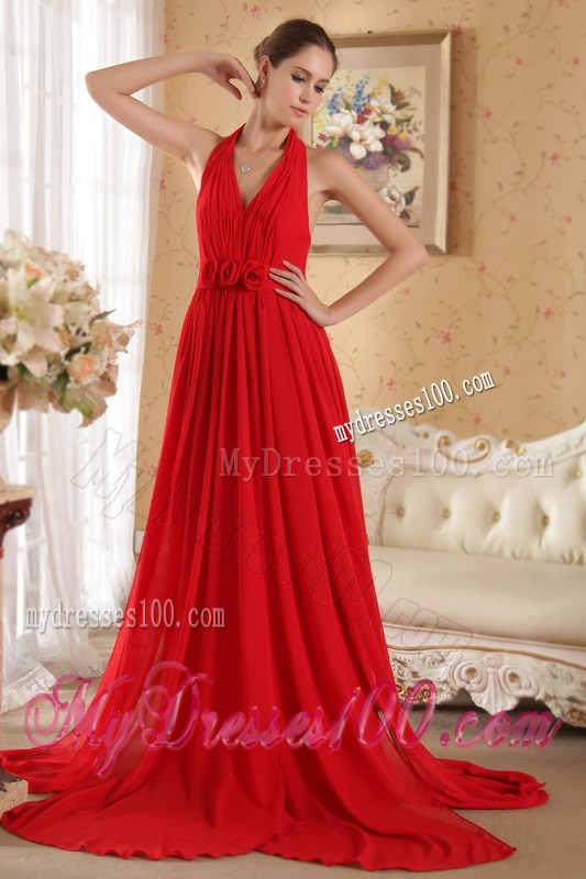 Red Column Halter Hand Made Flowers and Ruched Celebrity Dresses