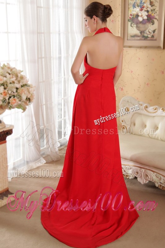 Red Column Halter Hand Made Flowers and Ruched Celebrity Dresses