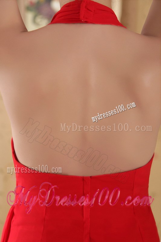 Red Column Halter Hand Made Flowers and Ruched Celebrity Dresses