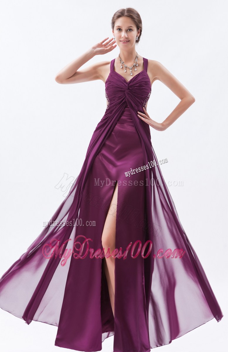Dark Purple Column Straps High Slit Celebrity Dresses with Beading