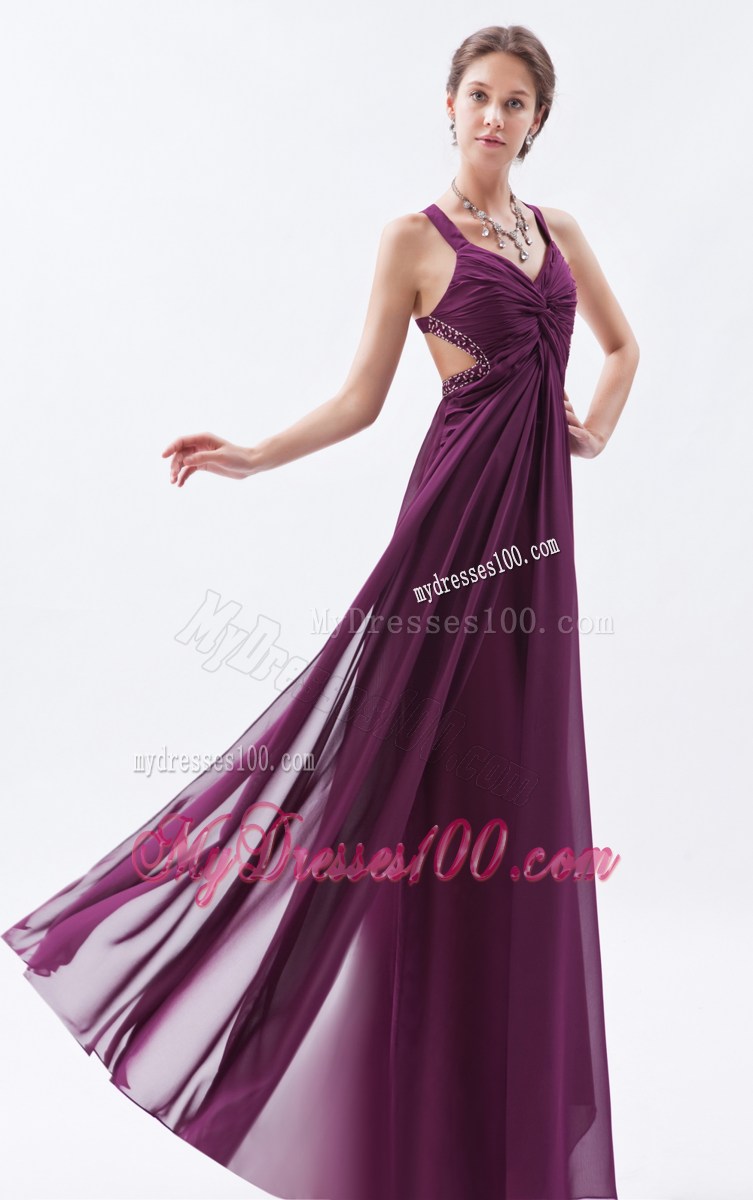 Dark Purple Column Straps High Slit Celebrity Dresses with Beading
