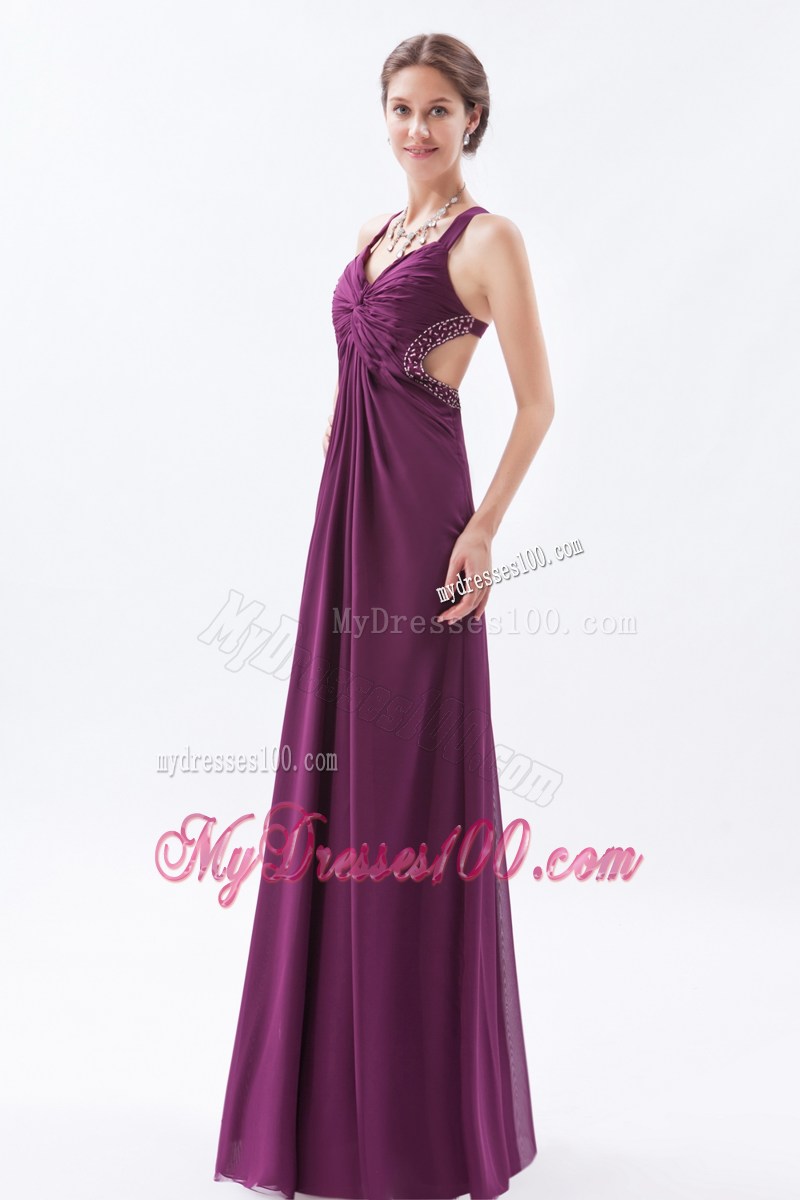 Dark Purple Column Straps High Slit Celebrity Dresses with Beading